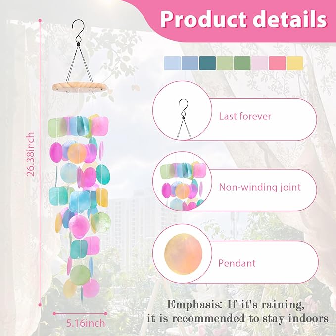 MUMTOP Shell Wind Chimes for Outside Clearance, Tropical Colorful Capiz Shell Wind Chime for Patio,Indoor,Outdoor,Garden,Yard,Coastal,Beach Decor or Gifts for Women,Girl