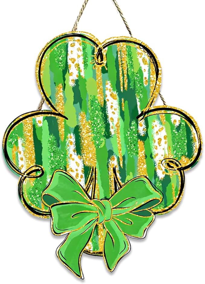 St Patricks Day Door Decorations, St Patricks Day Decorations, Shamrock Door Decoration, Lucky Gold Glitter Bow Clover Wood Hanging Sign for Office Party Porch Yard Outdoor Indoor Home Decor