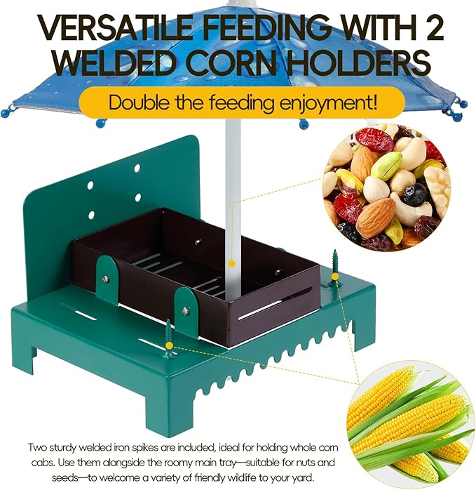 Metal Squirrel Feeder Picnic Table with Umbrella - Heavy Duty Iron Outdoor Chipmunk Feeder, Rust Resistant Corn Cob Holder, Funny Backyard Wildlife Gift for Nature Lovers. (Blue)