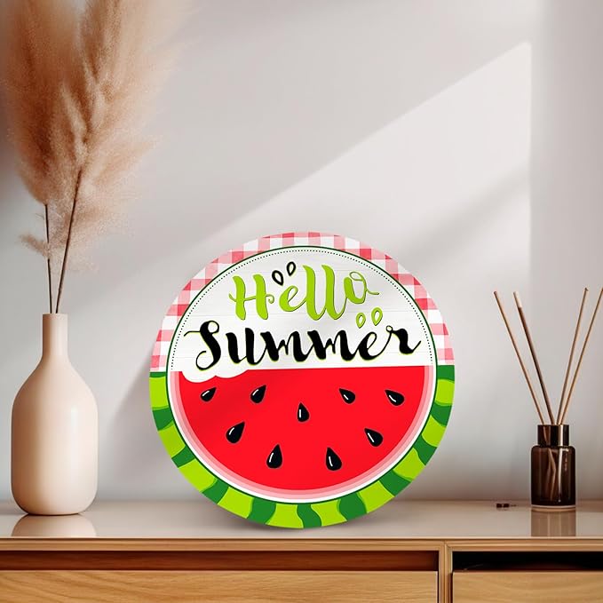 Hello Summer Watermelon Door Sign Summer Welcome Sign for Front Door Red Green Buffalo Plaid Wooden Door Hanger Outdoor Porch Decor Seasonal Farmhouse Hanging DecorationS 12 Inch