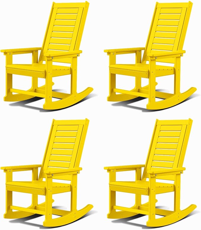 GREENVINES Outdoor Rocking Chairs | Set of 4 | Porch Rocker | HDPE Plastic | Yellow | Oversized Rockers | High Back | Big & Tall | Ladder Back | for Patio Outside Backyard Balcony Garden