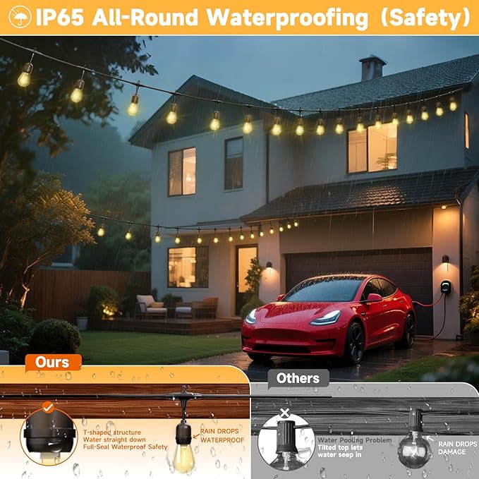 Outdoor Safety String Lights 150FT - Commercial Grade Low Voltage Strand with 60 S14 Shatterproof Bulbs for Tree Garden Yard bistro Cafe | Warm Yellow 3500K Party Lights | IP65 Waterproof | UL Listed