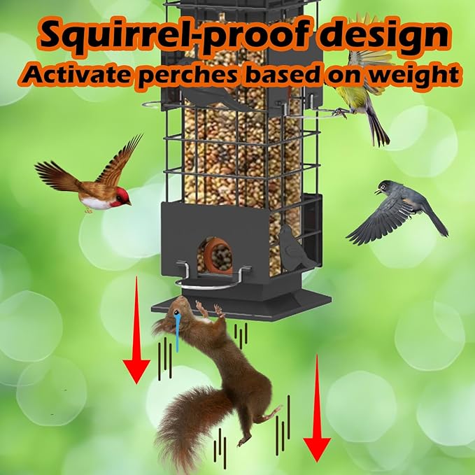 Squirrel Proof Bird Feeders for Outdoors Hanging, Metal Wild Bird Feeder with 4 Feeding Ports | 2.5 LB Capacity, Weather-Resistant for Year-Round Use,Dark Grey