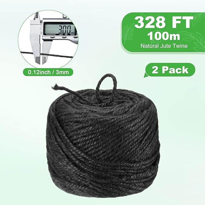 2-Pack Natural Jute Twine String, 3mm x 328ft/100m Long Garden Twine Balls for Crafts/Gift Wrapping/Gardening Plants, Durable Plant Ties Thick Rope [Black]