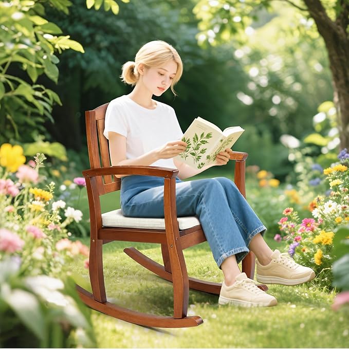 VINGLI Wooden Rocking Chair with Cushion,Outdoor Indoor Rocking Chair Supports Up to 450 lbs,Chair with Comfortable Backrest for Patio, Porch, Balcony (1, Teak)