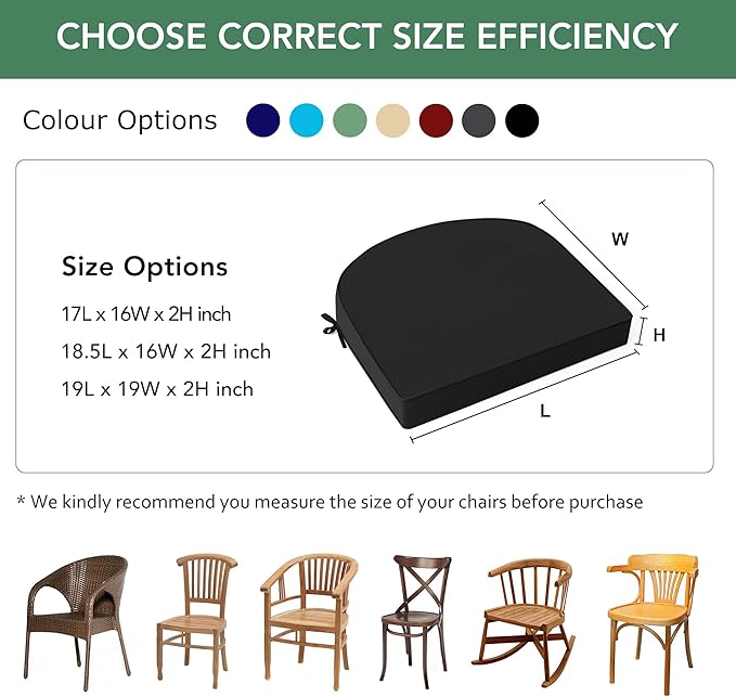 Outdoor Chair Cushions Set of 2: Waterproof & Fade Resistant Patio Furniture Cushions - 17 x 16 x 2 Inch Non Slip Round Corner Seat Cushion Pads with Removable Cover for Garden Yard Lawn, Black