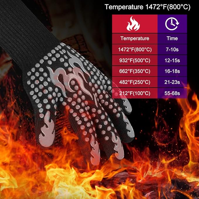 BBQ Gloves, Heat Resistant Gloves for Cooking, Non-Slip Grill Oven Mitts, 1472°F Extreme Heat Resistant Silicone Grilling Gloves for Barbecue, Frying, Baking, 1 Pair (Gray)