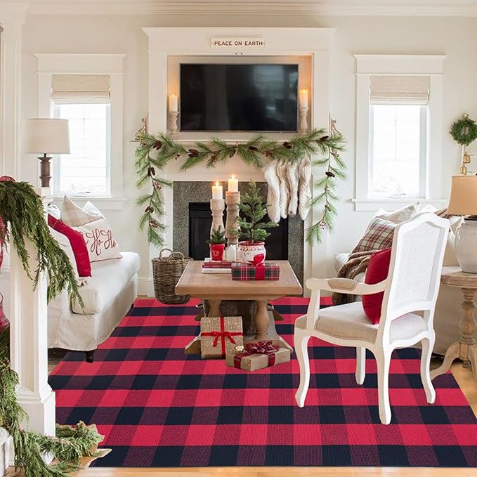Christmas Outdoor Mat Buffalo Plaid Christmas Decor Rug Cotton Hand-Woven Layered Door Mats Washable Carpet for Front Porch, Kitchen, Farmhouse, Entryway