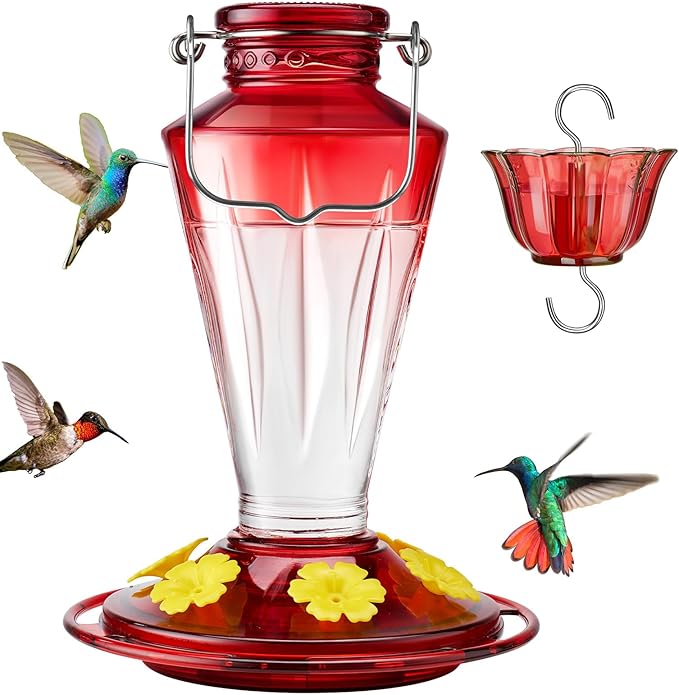 Kingsyard Glass Hummingbird Feeders for Outdoors Hanging Ant & Bee Proof, 16 Ounces Bird Nectar Feeder 6 Flower Feeding Ports, Leak Proof, Easy to Refill & Clean, Ant Moat Included, Red Gradient