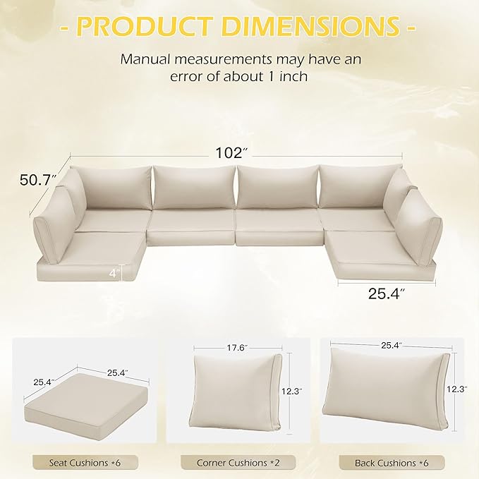 HOMREST Outdoor Replacement Cushions for Patio Furniture,Water-Repellent Sofa Cushion for 6-Seat Rattan Wicker Sectional Patio Conversation Sets,14-Piece Cushions Set for Outdoor Couch（Beige）