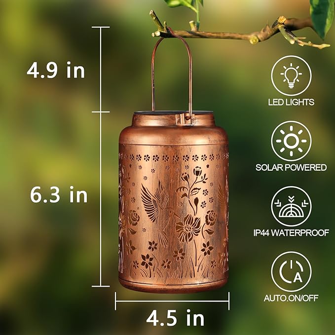 2 Pack Solar Lanterns Outdoor Waterproof, Hummingbird Garden Decor Gifts for Women Mom Grandma Hanging Solar Lights Metal Solar Decoration Outside for Yard, Patio, Lawn, Pathway