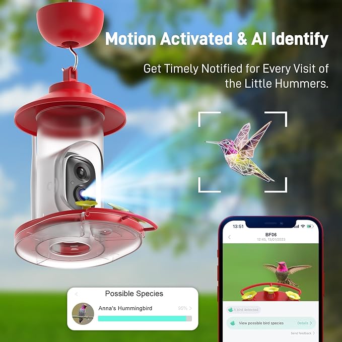 SOLIOM Hummingbird Feeder with Camera Solar Power, 2K Smart Hummingbird Feeder Camera Solar Powered with AI Identify, Ant Moat Pole Holder, Auto Detect, Ideal Gift for Hummingbird Lover (20 oz)