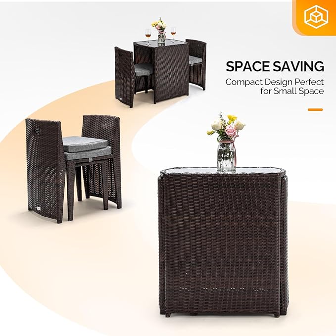 Bonnlo 3 PCS Wicker Outdoor Patio Bistro Set, Patio Furniture Set for Small Space with Glass Top Table Dining Chairs, Balcony Furniture Patio Table and Chairs Set of 2 for Garden Yard Porch (Brown)