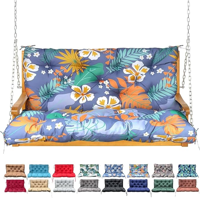 Porch Swing Cushion with Backrest,Waterproof Bench Cushion for Outdoor Furniture,2-3 Seater Replacement Thickened Swing Cushion with Ties,Patio,Outdoor,Backyard and Garden (Flower,47x40)