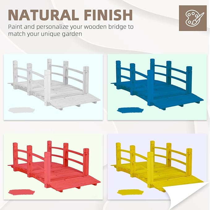 Wood Garden Bridge Classic Wooden Arch Stained Finish Footbridge with Safety Railings, 530 lbs Capacity, Decorative Pond Bridge Landscaping for Outdoor Garden Backyard Creek Farm, Natural
