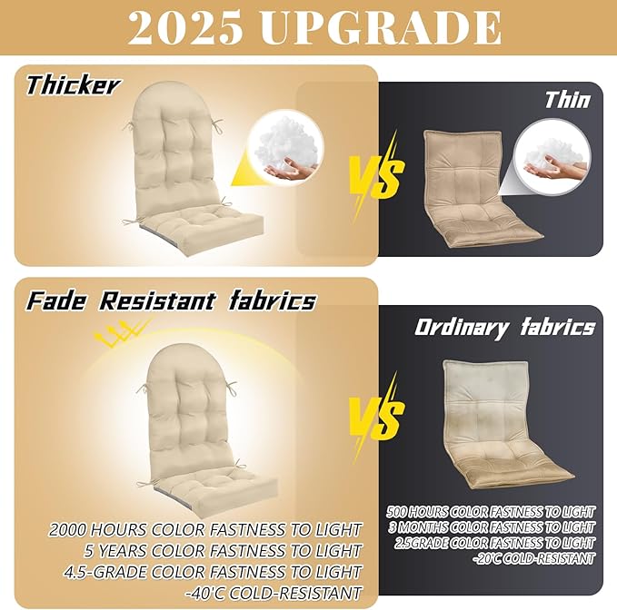 Geelin 4 Pcs Adirondack Chair Cushion High Back Patio Chair Cushion 44 x 19 x 4 Inch Tufted Weather Resistant Fade Resistant Seat Rocking Chair Cushion for Patio Rocking Chair Cushion Seat (Beige)