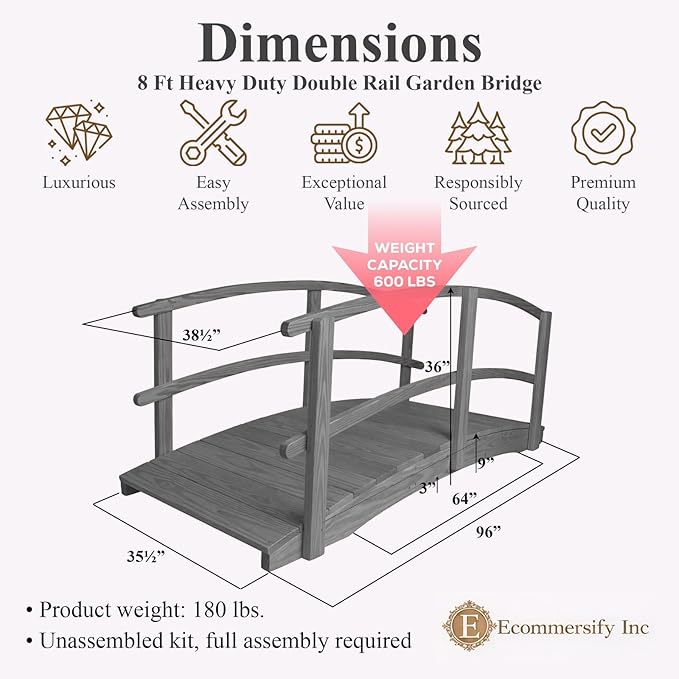 8 FT Grey Amish Made Garden Bridge with Double Rails for Walkway, Backyard Pond & Landscaping, Outdoor Wooden Footbridge for Koi Pond, Japanese Style Decorative Bridge, Made in USA