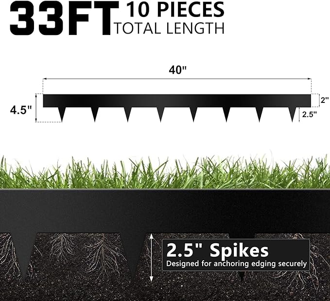 Worth Garden 10-Pack Galvanized Steel Landscape Lawn Edging - 4.5in H Black Powder Coated Bendable Metal Strips - Hammer-in Edging Border w/ 11 Clips - Yard Pathway Divider (33Ft Total)