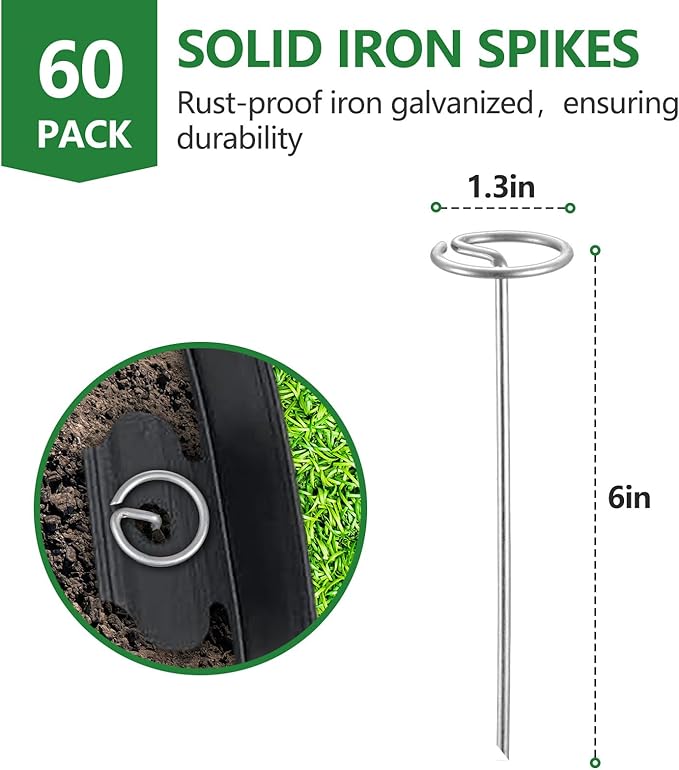 4 in Tall Landscape Edging, 40 ft Garden Border with 60 Metal Spikes, Flexible Plastic for Lawns - Black, No-Dig Design