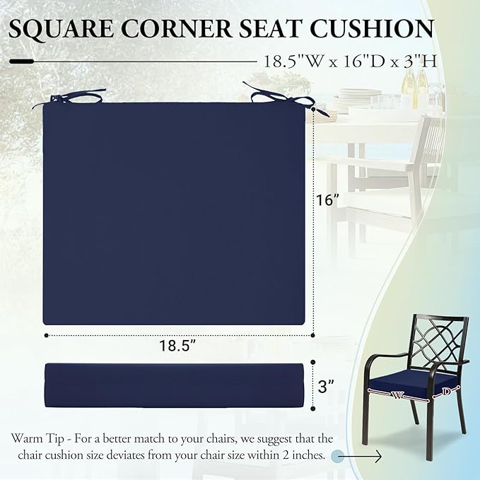 Wellsin Outdoor Chair Cushions for Patio Furniture - Outdoor Cushions for Chairs - Water Resistant Patio Chair Cushions Set of 4, 18.5"X16"X3", Navy