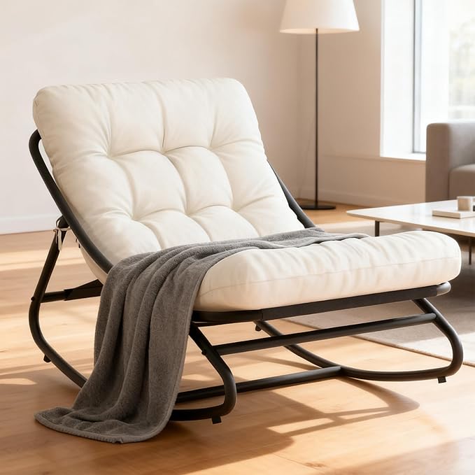 PeakPursuit Indoor Outdoor Papasan Rocking Chair with Cushion, Oversized Outdoor Rocking Chair, All Weather Rocking Papasan Chair for Bedroom/Living Room/Porch/Garden/Patio