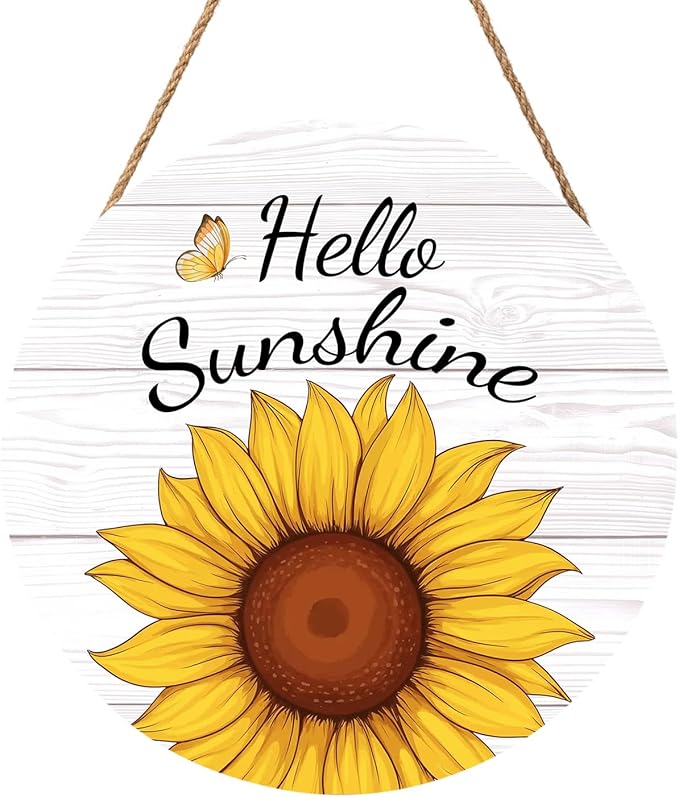 Hello Sunshine Door Sign For Front Door Decor,Spring Summer Sunflower Butterfly Wooden Sign 12"x 12" Round Hanging Door Sign Decoration for Wall Rustic Decor