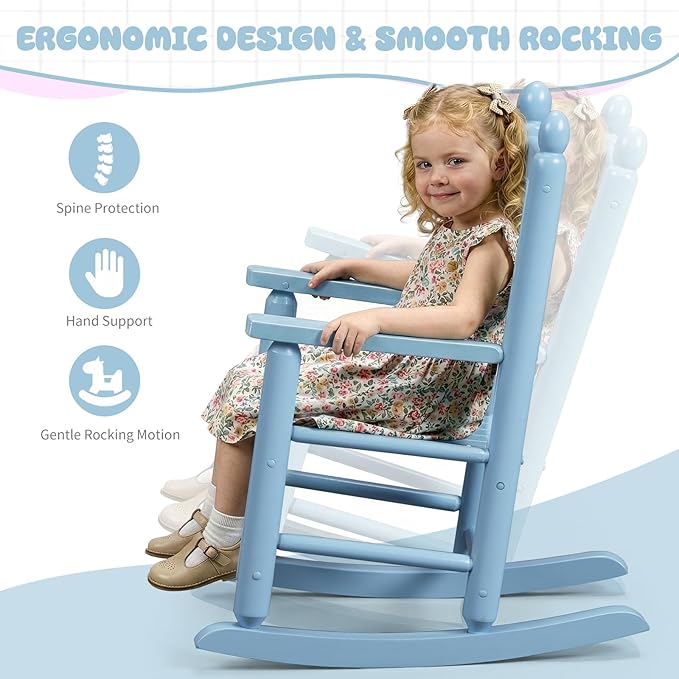 Outvita Kids Rocking Chair, Ergonomic Sturdy Toddler Rocking Chair with High Backrest & Rounded Armrests, Safe Solid Wood Baby Rocker Chair for Age 3-6, Outdoor,Living Room, Reading Room(Blue)
