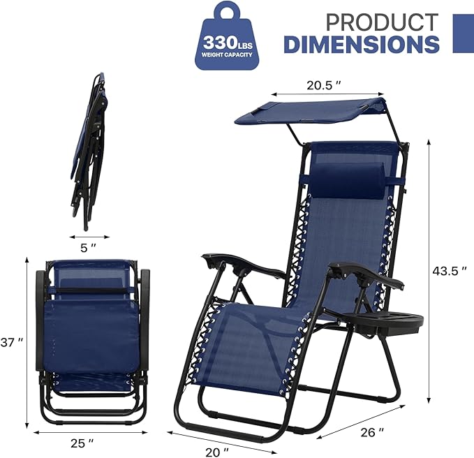 Magshion Zero Gravity Lounge Chairs with Canopy Set of 2, Outdoor Foldable Patio Reclining Chair, Adjustable Anti-Gravity Recliners with Headrest, Folding Lounger for Lawn Camping Beach, Navy Blue