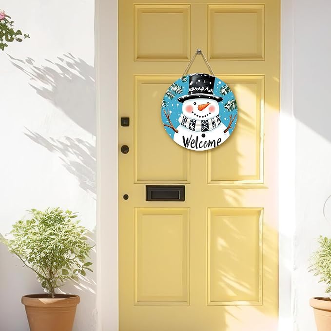 Winter Snowman Welcome Door Sign for Front Door Blue Snowman Snowflakes Wooden Door Hanger Holiday Hanging Porch Wall Sign Farmhouse Seasonal for Home Decorations 12 x 12 inch