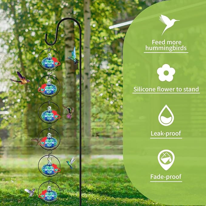 6 Pack Circular Hummingbird feeders for Outdoors Hanging,Hand Blown Glass Hummingbird Feeder with 6 Adjustable Silicone Perch,Never Leak,Gardening Gifts for Woman Man(Blue)