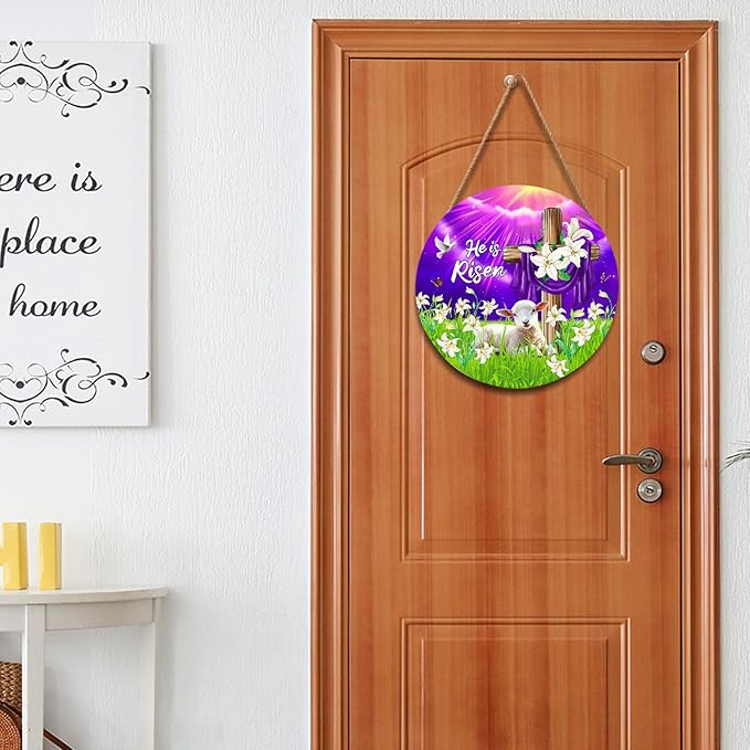 He is Risen Easter Religious Cross Purple Door Sign For Front Door Decor,Christian Lily Flowers Lamb Wooden Sign 12"x 12" Round Spring Sunrise Hanging Door Sign Decoration for Wall Rustic Decor