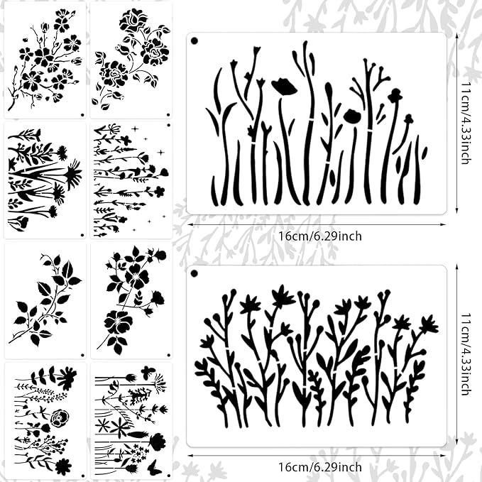 16 Pieces Wild Flower Stencils for Painting 4.3x6.3 Inch, Reusable Template DIY Small Flower Painting Stencils for Wood Canvas Journal Paper Fabric Floor Wall Card Handbags Purses Decor