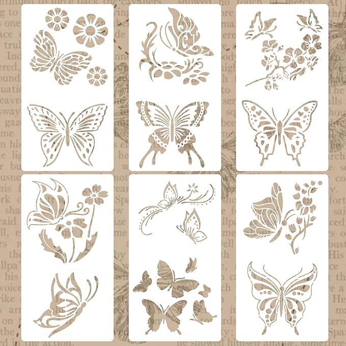 6 PCS Butterfly Stencil Reusable Flying Butterfly Template Plastic Nature Floral Stencils for Painting on Wood Walls Fabric Furniture Floors Home Decor DIY Craft Wood Sign 11.8 x 6.3 Inch