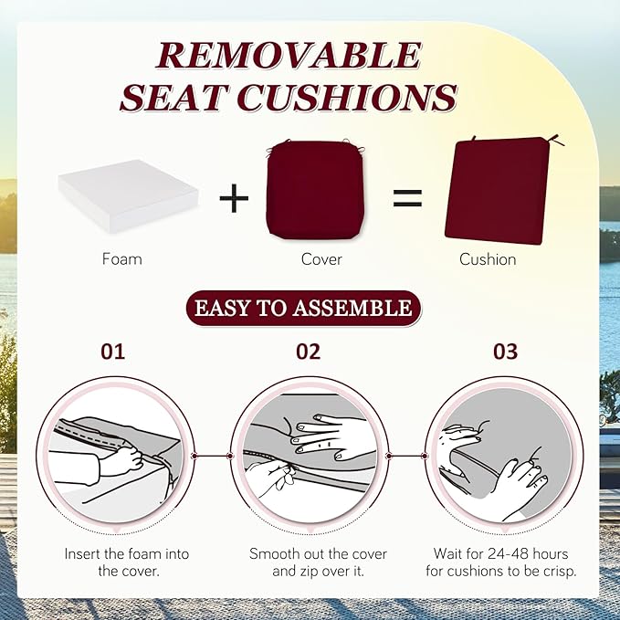 Waterproof Outdoor Chair Cushions Set of 2, Square Outdoor Seat Cushions with Ties and Removable Covers, 19 x 19 Outdoor Cushions for Patio Furniture with Portable Handle(Burgundy)