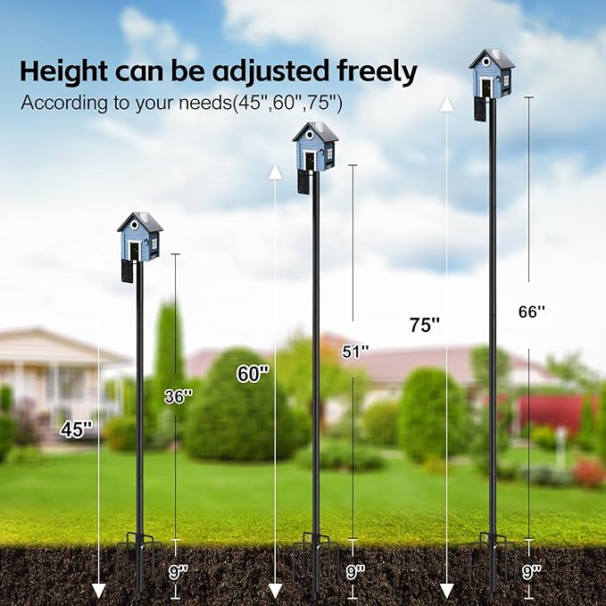 Bird Feeder Pole,75" Outdoor Bird House Pole Kit Stand with 5-Pronged Base, Adjustable Height & Universal Mount for Easy Setup, 2 Installation Methods, Matte Black Finish (Without Feeder)