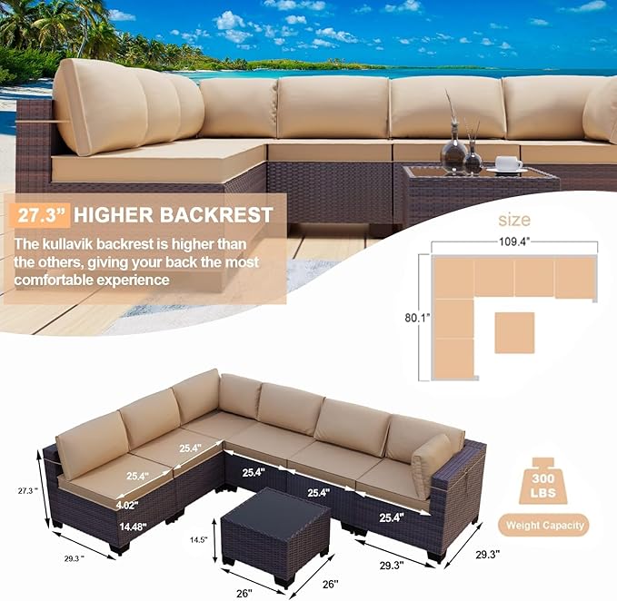 Kullavik 7 Pieces Outdoor Patio Furniture Set,Wicker Outdoor Sectional Sofa,All-Weather Patio Conversation Sets with Washable Thick Cushions & Coffee Table for Garden,Backyard,Balcony,Porch,Sand