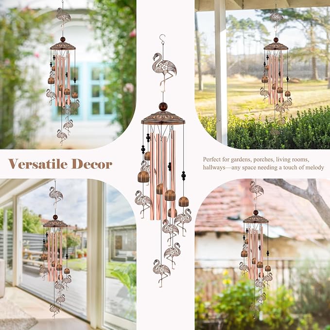 Flamingo Wind Chimes for Outside, Metal Flamingo Gifts for Women/Mom, Birthday Memorial Windchimes Outdoors, Retro Garden Decor for Outside Patio Yard, Unique Bird Lover Decorations