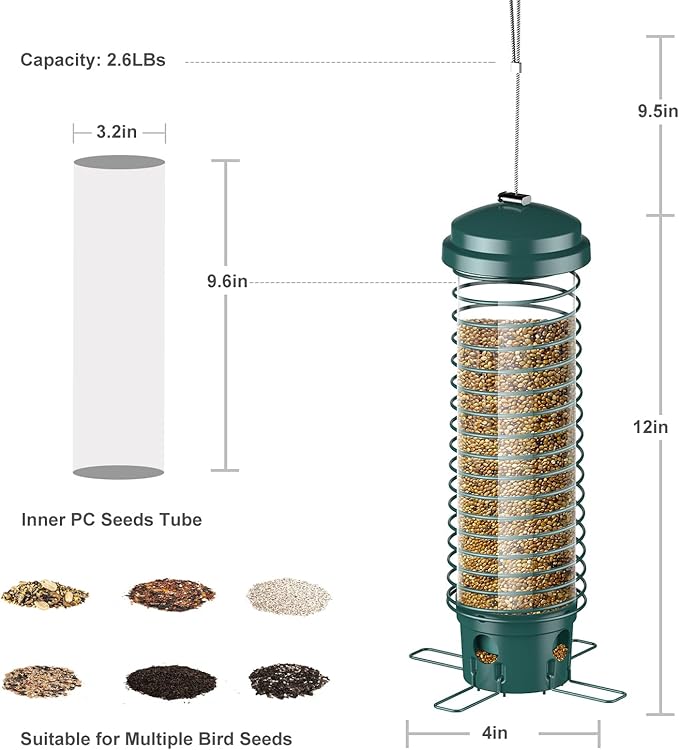 LCSEVEN Bird Feeder for Outdoors Squirrel Proof Bird Feeders for Outside Hanging, Metal Wild Bird Seed Feeders for Bluebird, Cardinal, Finch, Sparrow, Blue Jay, 4 Ports, Chew-Proof, Weather-Resistant
