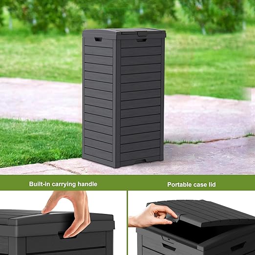 EFU 38 Gallon Outdoor Trash Can,Waterproof Resin Garbage Can with Tiered Lid & Drip Tray, Outside Trash Bin for Patio,Kitchen, Backyard & Deck, Black