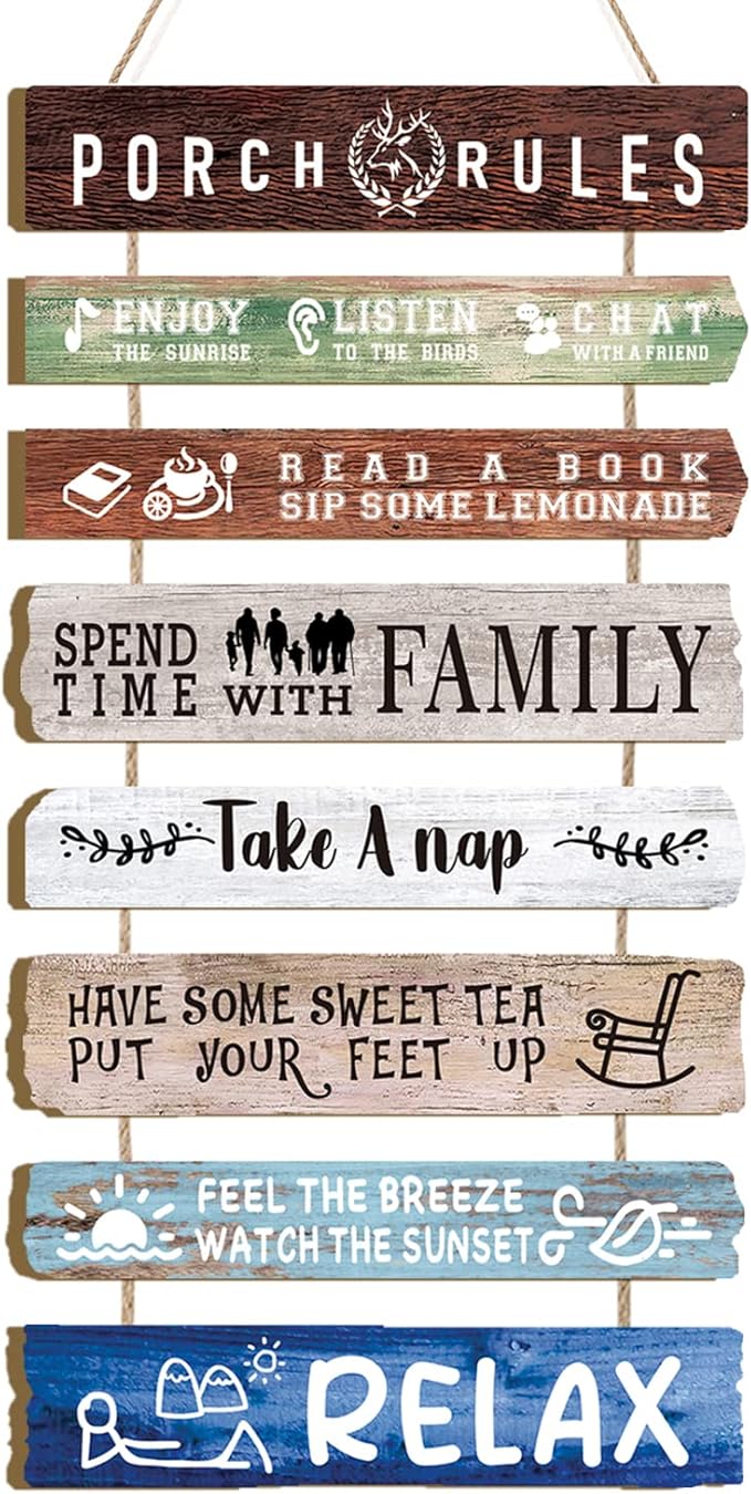 HLNIUC Porch Rules Wall Decor,Relax Sign Wooden Plaques,Inspirational Hanging kits,Family Positive Sayings Wooden Wall Art set of 8(19x12inch) Farmhouse Decor For Garden Yard Porch Home Decor