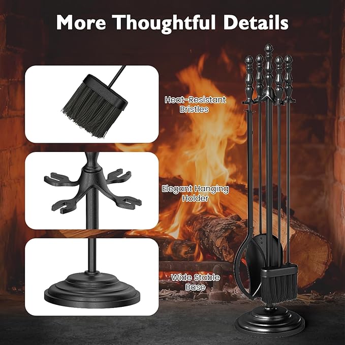 Tangkula 5-Pieces Fireplace Tool Set, 4-in-1 Indoor Outdoor Fire Place Set Tools with Poker, Tongs, Brush, Shovel and Round Stand, Metal Firepit Tool Set with Aluminum Handles, Black
