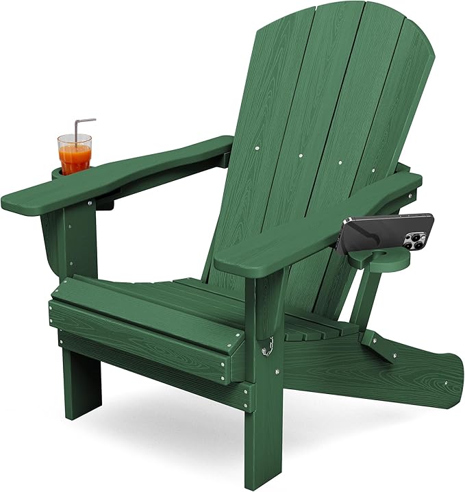 KINGYES Folding Adirondack Chair with Dual Cup Holders - HDPE All-Weather Outdoor Chairs, Wood-Like Patio Chair for Backyard, Camping, Pool & Fire Pit, Dark Green