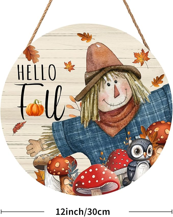 Hello Fall Scarecrow Pumpkin Door Sign For Front Door Decor,Autumn Harvest Maple Leaf Mushroom Wooden Sign 12"x 12" Round Wood Hanging Door Sign Thanksgiving Decoration for Wall Rustic Porch Decor