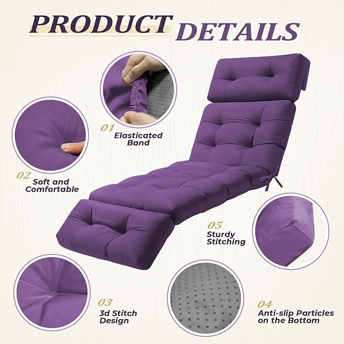 Waterproof Long Lounger Chair Cushion Outdoor Chaise Lounge Chair Cushionswith Ties, Patio Recliner Thickened Lounge Chair Cushions for Indoor 74.4 x 22 x 4.7 Inches, Black (Purple)