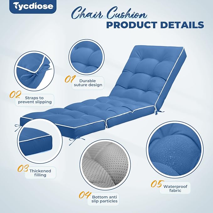 Outdoor Chaise Lounge Chair Cushion, Waterproof Non-Slip Patio Chaise Lounge Cushions for Outdoor Furniture, Thickened Patio Pool Lounger Chair Cushion, 76.4 x 22.8 x 4.7 Inches, Royal Blue