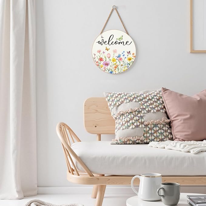 Spring Flowers Welcome Door Sign Colorful Floral Summer Door Hanger Home Decorations Spring Butterfly Wooden Hanging Sign Seasonal Farmhouse for Wall Porch 12x12 Inch