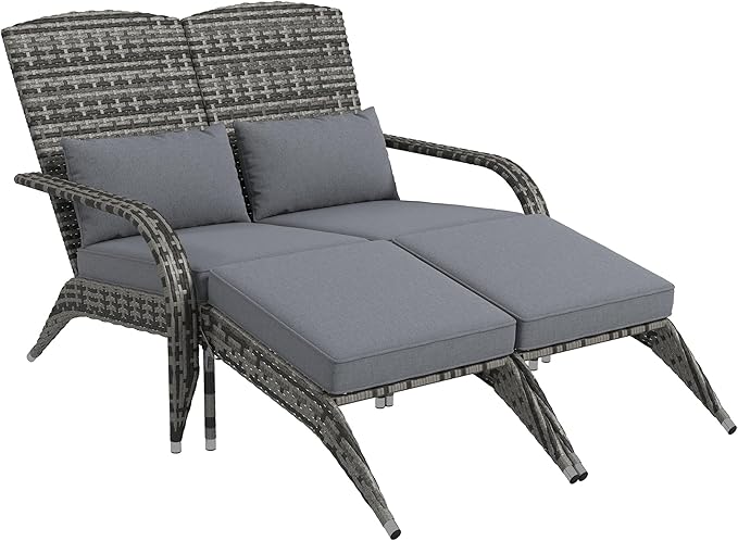 Outsunny Wicker Adirondack Chair for 2 with Cushions & Footrests, PE Rattan Double Chaise Lounge Chair, Fire Pit Chair for Porch with High-Back, Wide Armrests, Mixed Gray