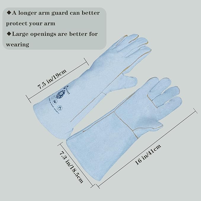 16 "electric welding gloves, Class A cowhide Kevlar thread sewn, 932°F, tear resistant, oven. Grill. Fireplace. Boiler. Stove. Argon arc welding. Wood burning barbecue. Animal handling gloves