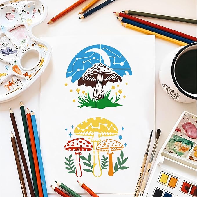 18 PCS Mushroom Stencils Large Reusable Crescent Moon Phase Drawing Template Bohemian Art Stencils for Painting on Wood Wall Tile Fabric Canvas Scrapbook Home Decor DIY Craft Projects