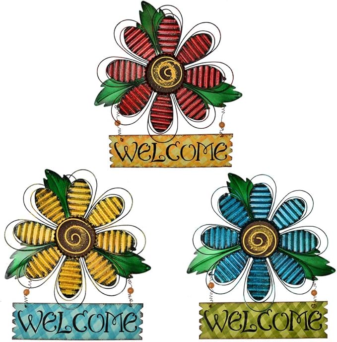 Welcome Sign for Front Door Decor Hanging Sign, Metal Flower Welcome Door Sign Wall Art Decor Hanging for Indoor Outdoor Patio Garden Yard Sign Porch Decoration 15.75X12.75In (3 Set)
